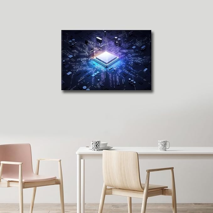 TUMOVO Wall Decor CPU Concept Canvas Wall Art Glowing CPU Modern Artwork for Office AI Picture Print on Canvas Wall Decorations Framed Ready to Hang for Living Bedroom Home, 24x16in