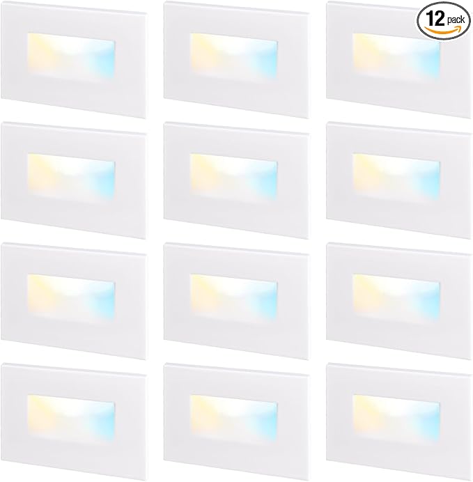 LEONLITE 12-Pack Premium Series 5CCT 120V LED Step Lights, Dimmable 3.5W Indoor Outdoor Waterproof Horizontal Stair Light, 2700K3000K3500K4000K5000K Selectable, CRI90, ETL, Aluminum, White
