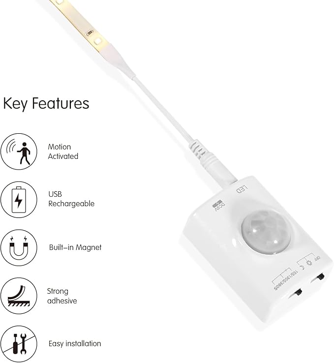 Under Cabinet Lights Rechargeable, 2M Motion Sensor LED Light Strip,3000K Warm White Night Light for Closet, Stairway, Stairs, Counter, Kitchen,Bedroom, Gun Safe Lighting