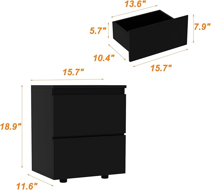 FAMAPY Modern Nightstand with 2 Drawers, Bedroom Storage Cabinet, Modern End Side Table, No Handle Design, for Living Room Black 15.7”W x 11.6”D x 18.9”H