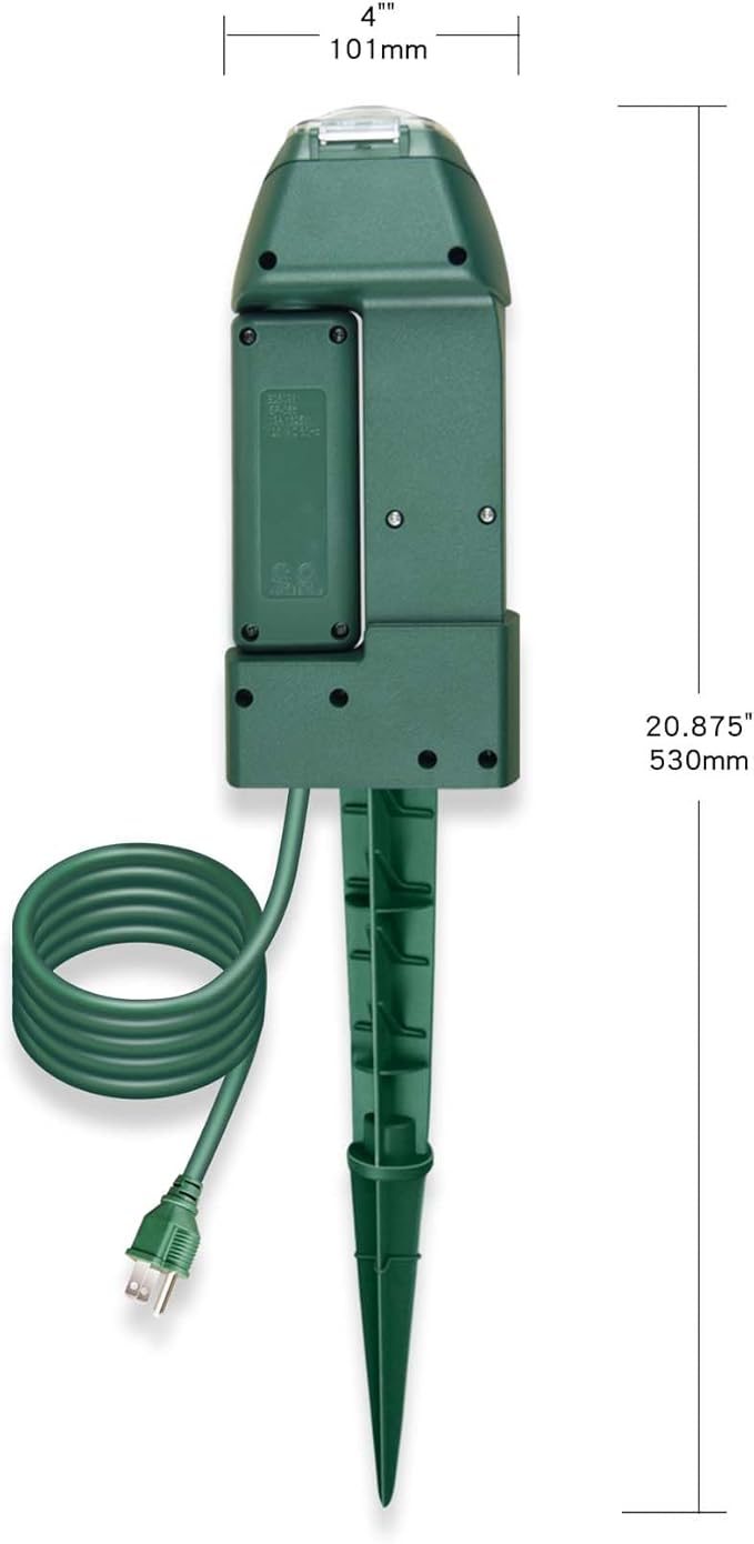 Outdoor Power Stake, 6 Grounded Outlets with 180º Rotating Function and Safety Cover, 6FT Cord, UL Listed, Green