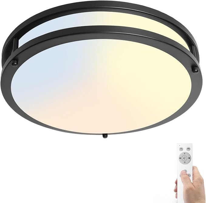 13Inch Flush Mount LED Ceiling Light Fixture with Remote: 36W 3600lm Dimmable Modern LED Ceiling Lights, 2700K/3000K/4000K/5000K/6500K Adjustable Black Kitchen Lighting for Bathroom Hallway, 1-Pack