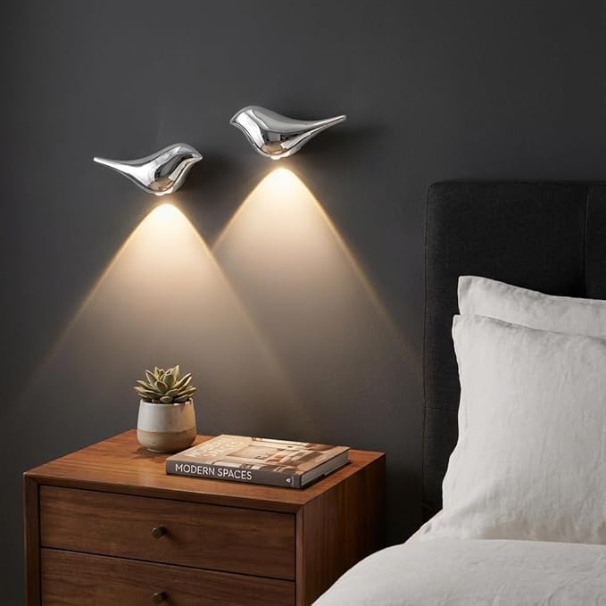 Silver Birds Night Lights with Motion Sensor(1-Pair), Rechargeable Battery Operated & Wireless Wall Lights, Home Decor for Living Room, Bedroom, Easter Gift