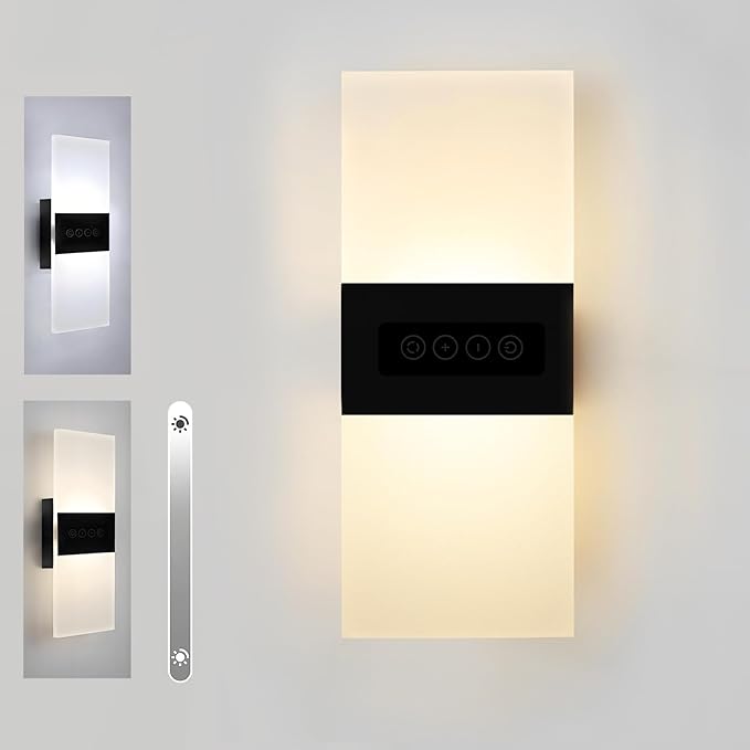 Touch Dimmable LED Wall Sconce with Switch Indoor 12W Hardwired Wall Light Fixture Brightness and 3-Color Temperature Adjustable, Acrylic Modern Wall Lights for Bedroom Hallway