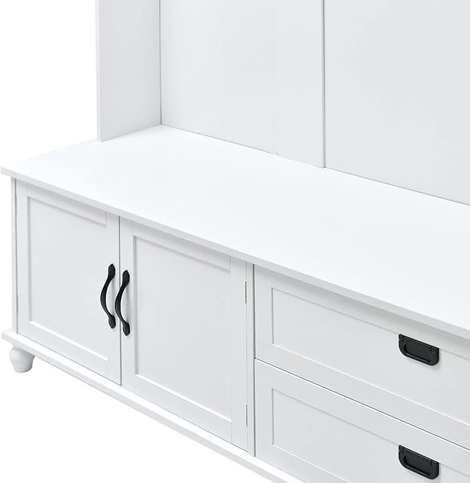 Widen Hall Tree with Bench and Shoe Storage, Modern Entryway Bench with Coat Rack, Cabinet, 2 Drawers and Shelves, Mudroom Bench with Storage and 5 Hooks for Entry Way, Hallway (White)