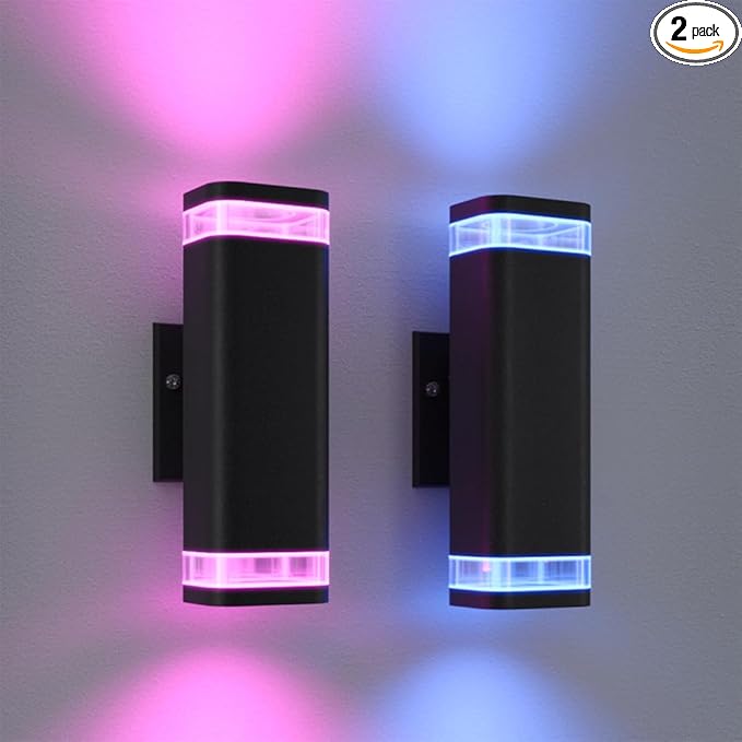 Smart WiFi Outdoor Wall Sconce Lights 2 Pack,Porch Lights RGB Color Changing App Control, Dimmable White Range of 2700K-6500K Up Down Exterior Wall Lights for House,Works with Alexa Google Assistant
