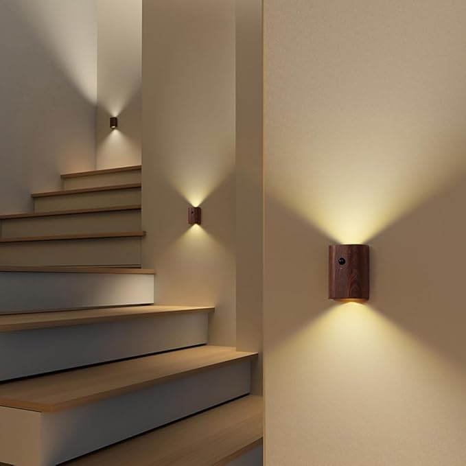 LANDGOO 1-Pack Wood Step Light with Motion Sensor, Rechargeable Stair Night Light, Sapele Wood 2700K Warm White LED Wall Lamp, Easy No-Wire Installation for Hallway Bedroom
