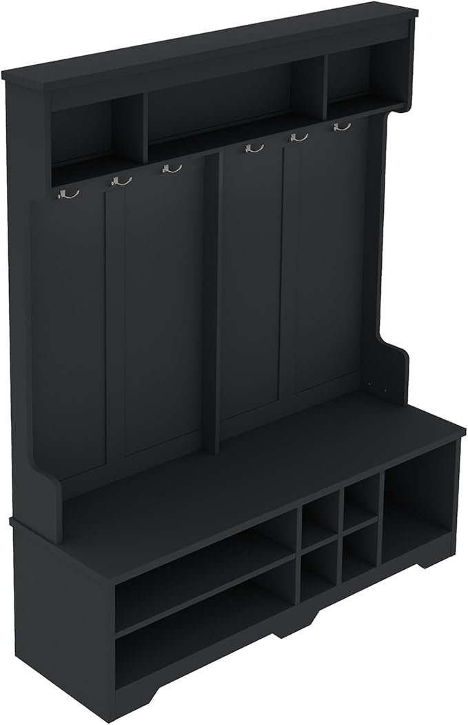 Modern Entryway 3-Tier Hall Tree, Coat Rack with Shoe Storage, Bench Seat, 6 Metal Hooks and Open Shelves, for Organized Homes (Black)