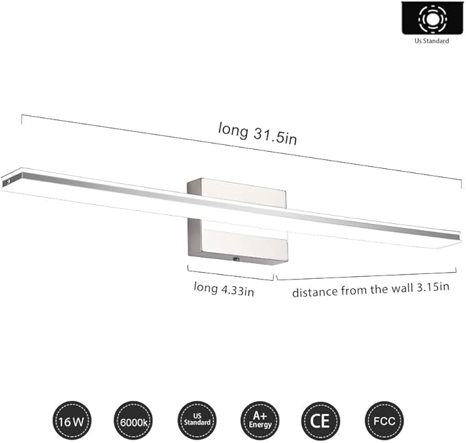 Modern Vanity Light Bar 16W Over Mirror Lights Fixtures for Bathroom Indoor LED Bath Vanity Light Chrome Bathroom Lighting Acrylic Wall Lights Fixtures for Restroom Bedroom Living Room 6000K