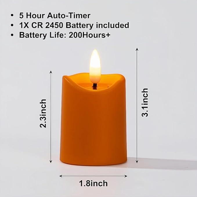 Simplelight Orange Halloween Flameless Votive Candles with Timer, Realistic Black Wick Fall Candles Battery Operated, Battery Included, D 1.8” X H 3.1”, Set of 6 for Pumpkin Decoration (Orange)