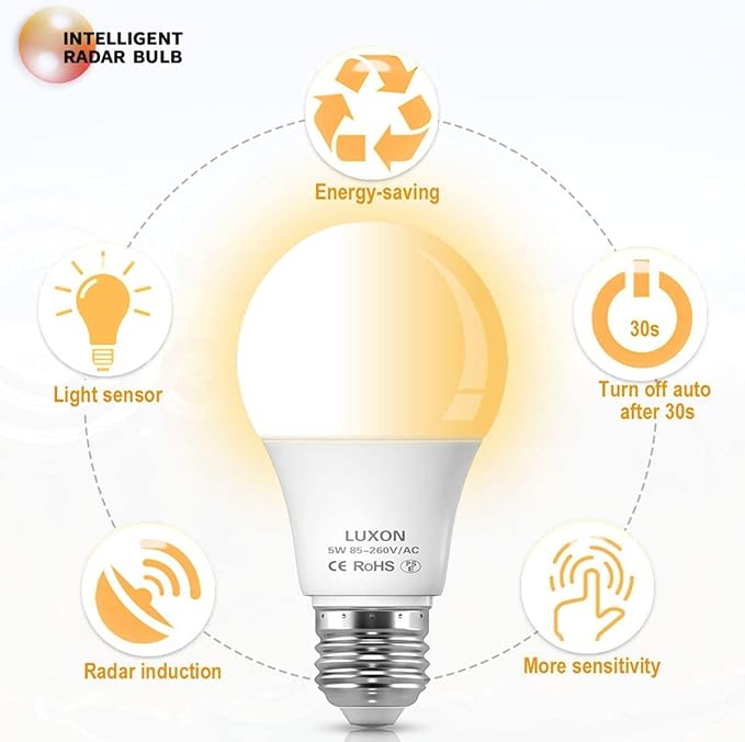 LUXON Motion Sensor Light Bulb,9W Smart Bulb Radar Dusk to Dawn LED Light Bulbs,E26 Base Indoor Sensor Night Lights Soft White 2700K Outdoor Motion Sensor Bulb Auto On/Off 2 Pack