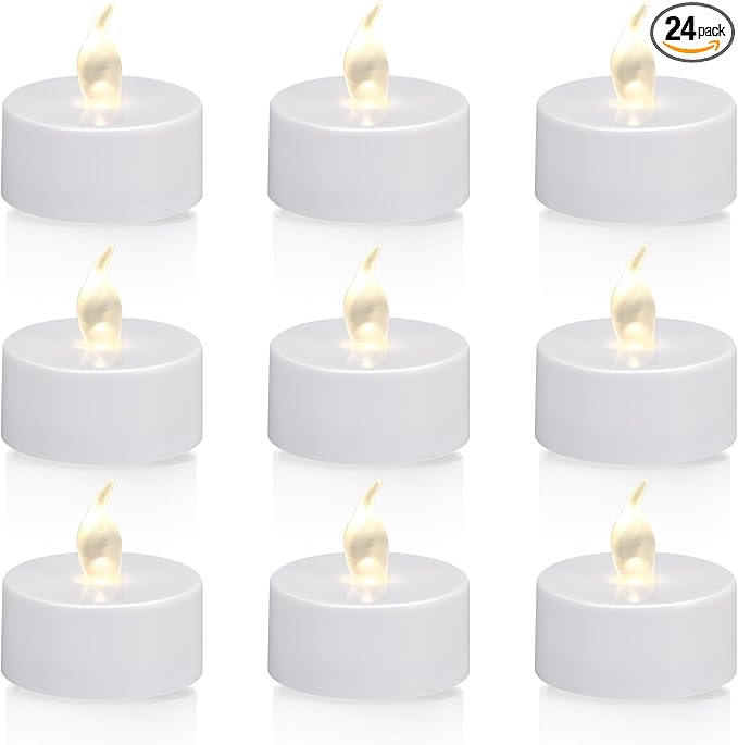 KOABY 24 Pack Tea Lights with Timer, Auto-On 6 Hours and Off 18 Hours in 24 Hours Cycle Automatically, Battery Operated Flameless Flickering Tea Lights with Timer(24 Pack, Warm White)