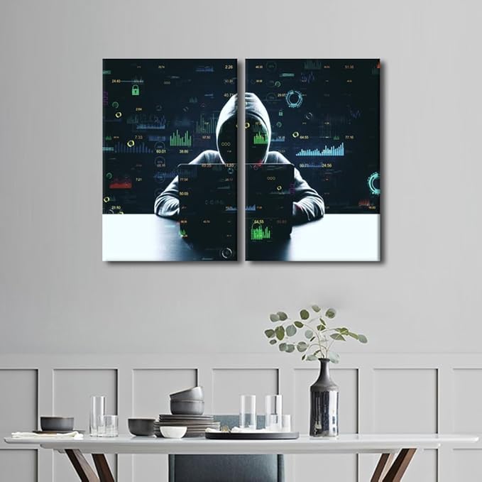 3 Pieces Hacker Malware Wall Art Poster on Canvas Framed Art Paintings Home Decor Big Data Modern Artwork Picture Giclee Print for Modern Home Framed Decoration, 24" Wx16 H