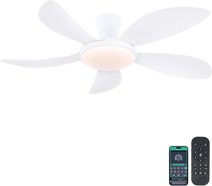 48" Modern White Ceiling Fans with Lights and Remote/APP,Low Profile Ceiling Fans with Quiet Reversible DC Motor, Dimmable 3 Colors Led, 6 Wind Speeds