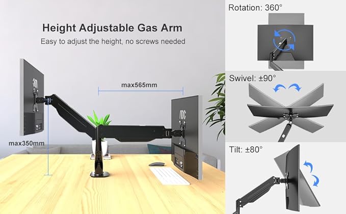 AEONS Dual Monitor Stand up to 32 inches Screen, Load-Bearing Max 22 lbs Each Gas Spring Pneumatic Arm, Adjustable Dual Monitor Mount, Max VESA 100x100mm, Black