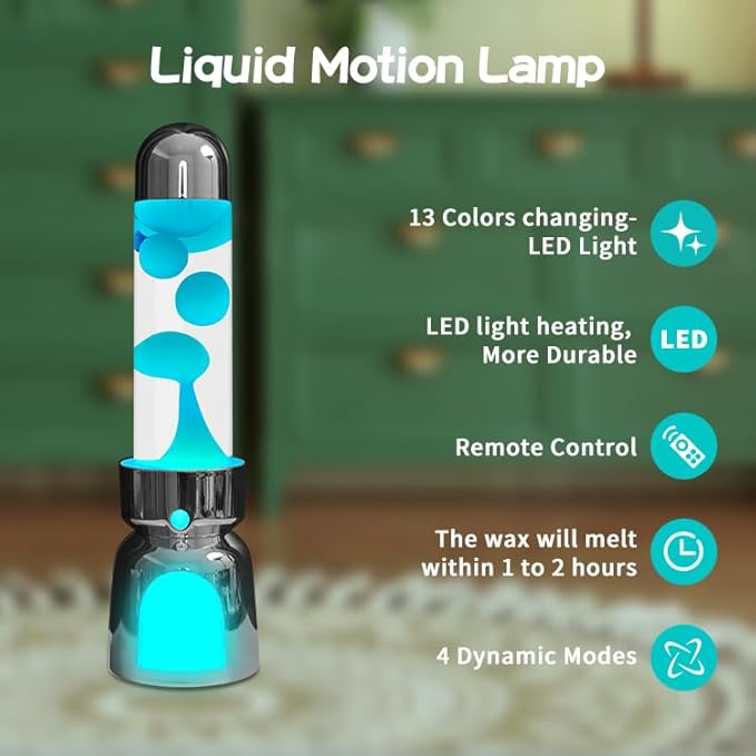 Lighthouse Liquid Motion Lamp, Decorative Night Light with Green Wax, 13-Color Changing, Safe Flameless Mood Lighting for Gift and Home Decor- Silver Plated