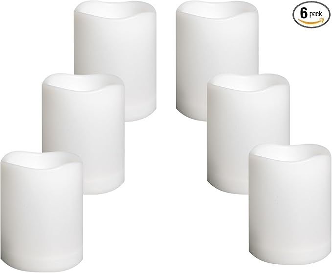 Waterproof Outdoor Battery Operated Flameless Candles with Auto Timer Flickering Plastic Resin Electric LED Pillar Lights for Lantern Patio Garden Wedding Party Decorations 3x4 Inches 6 Pack White