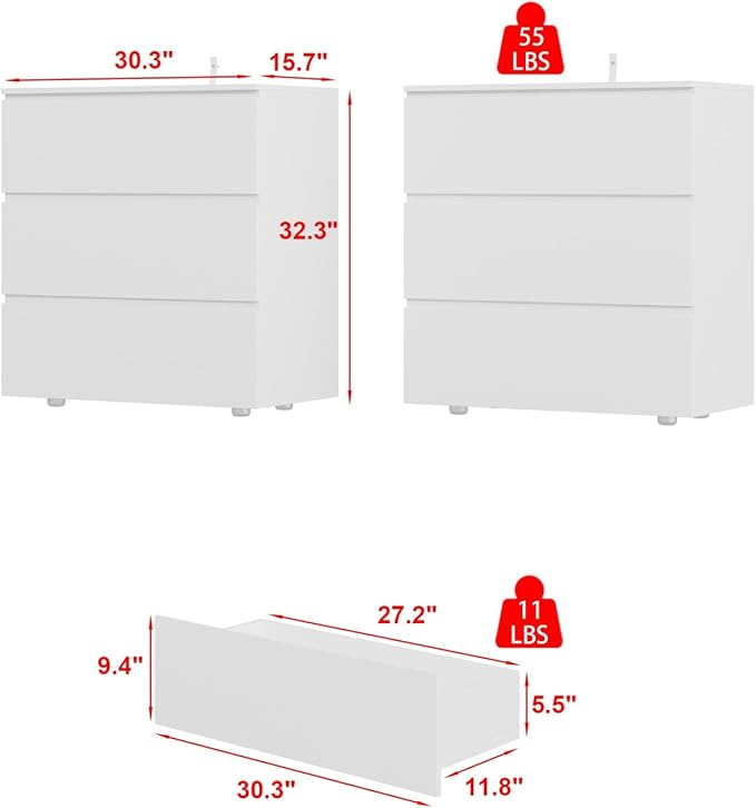FAMAPY Modern Nightstand with 3 Drawers, Bedroom Storage Cabinet, Modern End Side Table, No Handle Design, for Living Room White 30.3”W x 15.7”D x 32.3”H