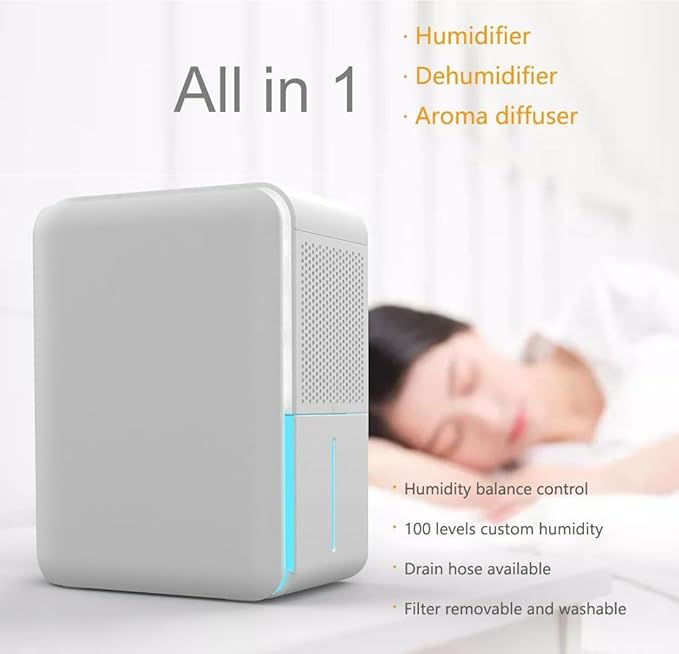 3 in 1 Dehumidifier, Humidifier & Aroma Diffuser with Air Combo One - 39Oz, Small Auto Purifier Humidity Control Quiet 27db Multifuctional Colorful Mist,for Bedroom/Bathroom/Bome/Basement(350 sq.ft)