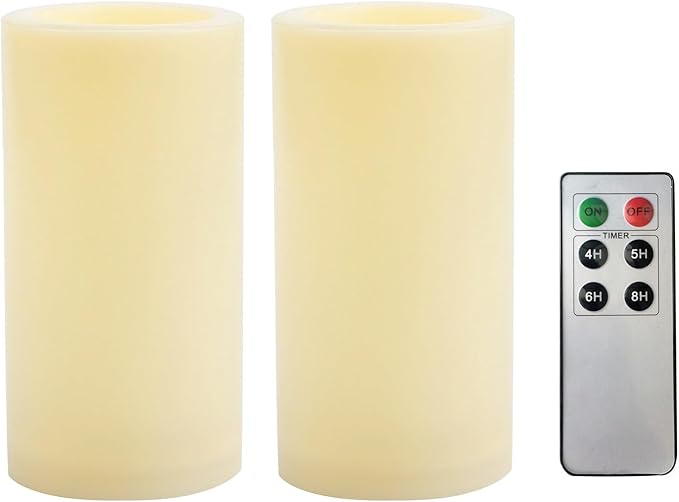 CANDLE CHOICE Outdoor Battery Operated Flameless Candles with Remote Timer Waterproof Flickering Plastic Electric LED Pillar Lights for Lantern Patio Garden Wedding Party Decorations D3”xH6” 2 Pack