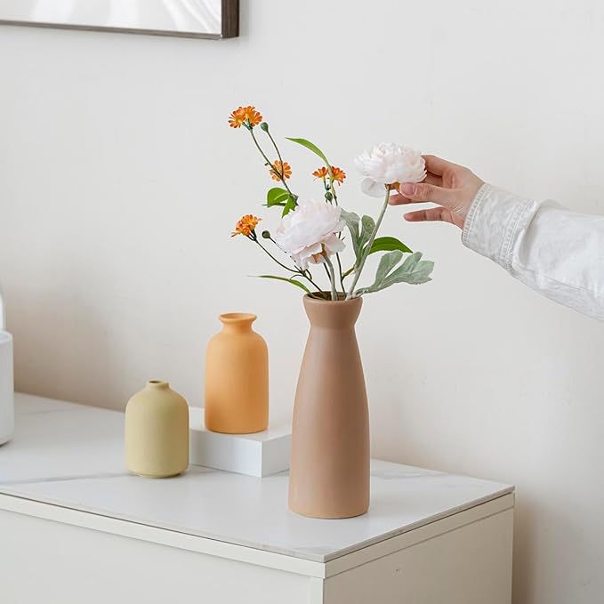 Distressed Ceramic Vase Set of 3, Modern Bohemian Farmhouse Home Decor, Pampas Grass Dried Flowers Vases for Living Room, Dining Room, Bedroom, Kitchen, Bathroom, Office, Entryway (Brown Mix)