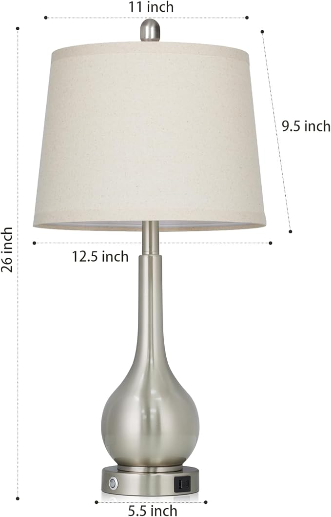 26" Silver Metal Table Lamps Set of 2 for Bedrooms, Touch Control Bedside Lamps for Nightstand with Charging Port, 3-Way Dimmable End Table Lamp for Living Room (2 LED Bulbs Included)