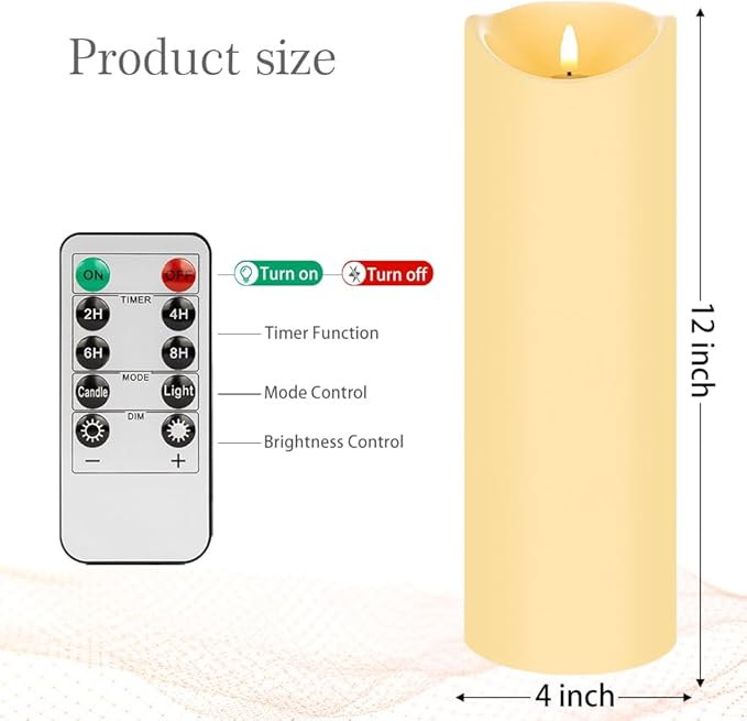 Mingfuxin Outdoor Flameless Candles with Remote, 12" X 4" Waterproof LED Pillar Candles Battery Operated for Lartern Porch, Set of 2