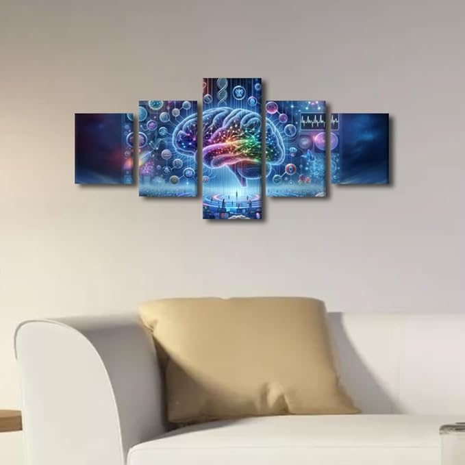 5 Panel Digital of Human Brain in Colour Background Canvas Wall Art Framed Digital Brain Painting Futuristic Technology Pictures for Living Room Posters and Prints Framed Ready to Hang 50" Wx24 H
