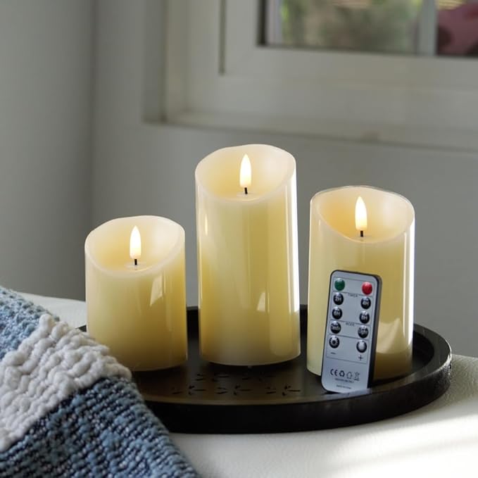 Rechargeable Flameless Candles Set of 3 | Real Wax LED Pillar Candles with Remote & Timer | Realistic Flickering Flame | Battery Operated | for Thanksgiving, Holiday, Halloween Decoration & Gift