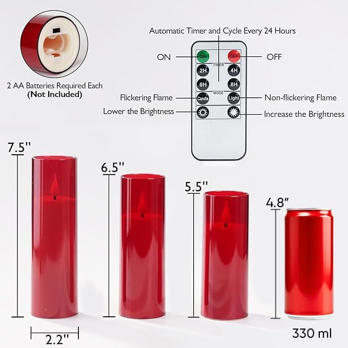 Amagic Christmas Red Flameless Candles, Battery Operated Candles with Remote and Timer, Acrylic Flickering LED Candles for Thanksgiving Decor, D2.2''xH5''6" 7", Set of 9