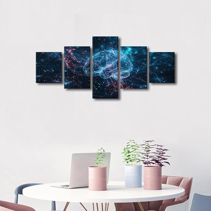 5 Panel Digital Brain Canvas Painting for Bedroom Futuristic Technology Artwork Paintings Framed Ready to Hang Neural Network Pictures for Bedroom Posters and Prints Room Decorations for Men 50"Wx24"H