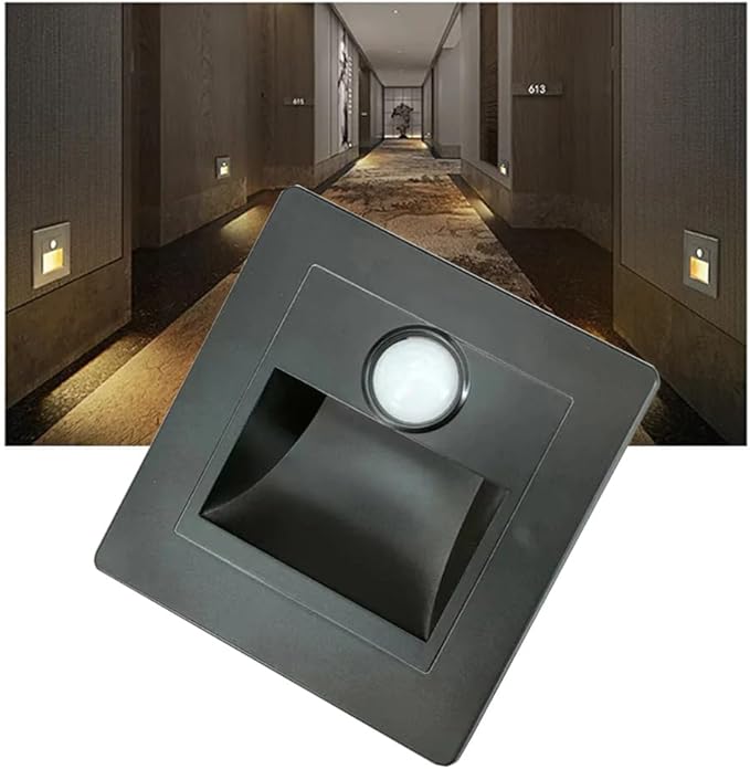 3W Motion Sensor Stair Lights 3000K Recessed LED Step Light Indoor Stair Step Wall Lamp Staircase Bedroom Decoration 1Pcs Black