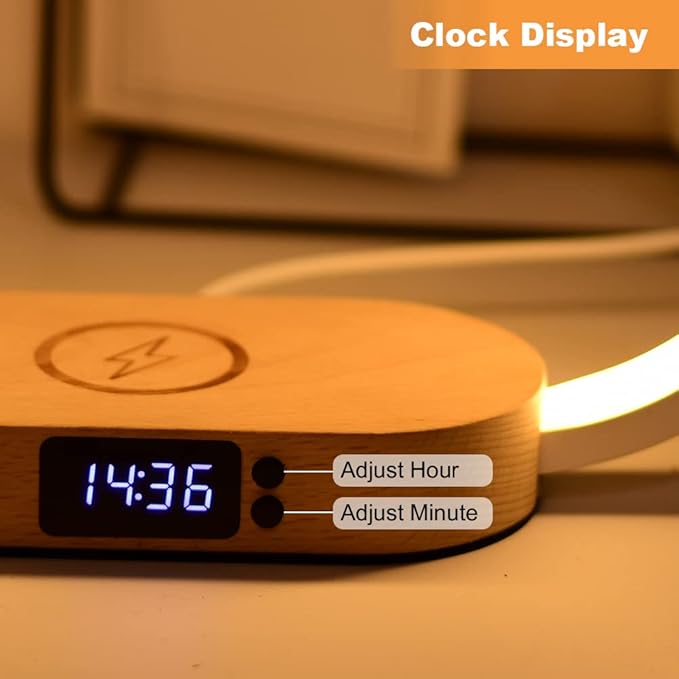 Donewin Bedside Lamp with Wireless Charger,Wooden Table Lamp with Charging Station,Touch Nightstand Lamp with Clock,3 Color Stepless Dimming Touch Lamp for Bedroom,Unique Gifts for Women