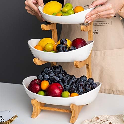 3 Tier Fruit Bowl Stand with Bamboo Frame and White Porcelain Bowls, Elegant Countertop Organizer for Fruits, Snacks and Desserts, Stylish Kitchen and Dining Decor