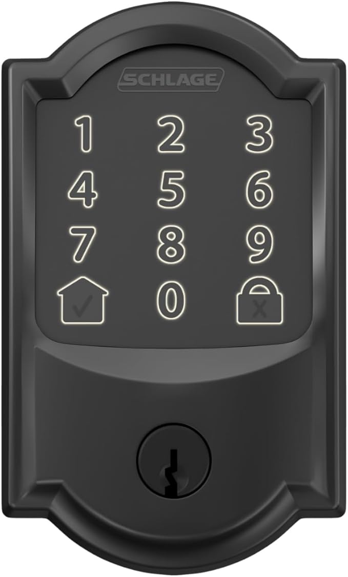 Schlage Encode Smart Wi-Fi Deadbolt Lock with Touchscreen Keypad, Keyless Front Door Entry, App Control, Alexa, Google Home and Airbnb Compatible, Matte Black, BE489WB CAM 622