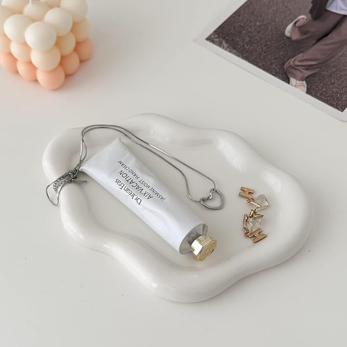 Jewelry Dish - Trinket & Ring Tray, Ceramic, Aesthetic Vanity Decor - Mother's Day, Christmas, Birthday Gift for Women (White)
