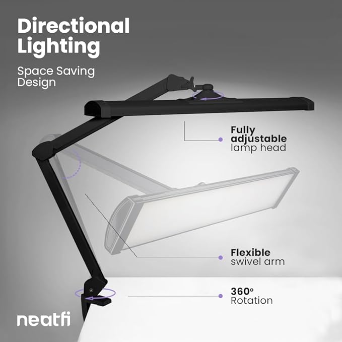 Neatfi 3,500 Lumens LED Desk Lamp – 45W Dimmable Task Light | 3 Light Modes | 540 SMD LEDs | Touch Control | 26-Inch Wide Metal Shade | Reading, Craft, Workbench & Office (CCT with Clamp, Black)