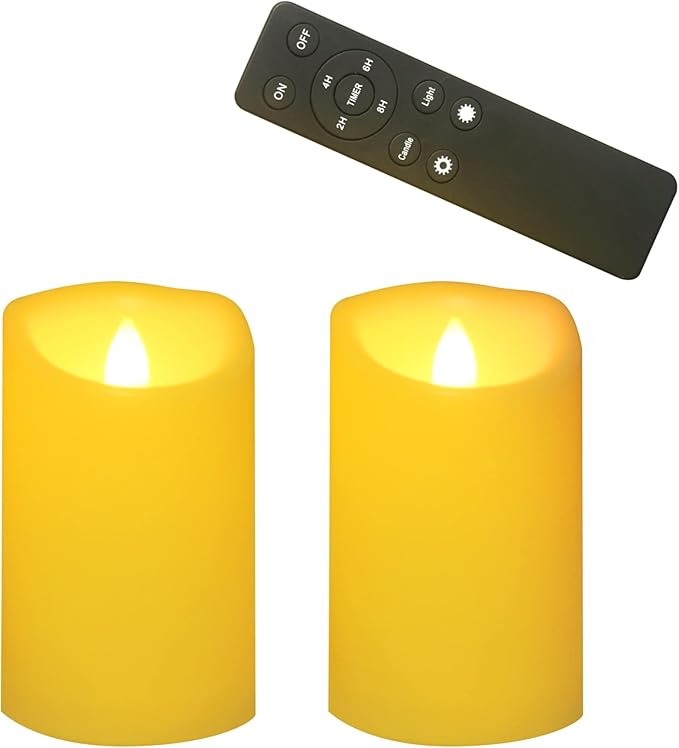 CANDLE CHOICE Outdoor Battery-Operated Flameless Candles with Remote Timer Waterproof Flickering Plastic Electric LED Pillar Lights for Lantern Patio Garden Wedding Halloween Christmas 3”x5” 2 Pack