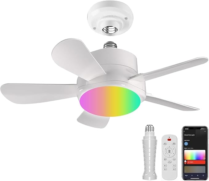 Ligency 16" Smart Socket Fan Light with Alexa - Screw-in Small Ceiling Fan with Remote, RGBW & 3000-6500K Dimmable, 6-Speed Reversible Quiet Motor, E26/E27 Base Fan for Bedroom, Garage, White
