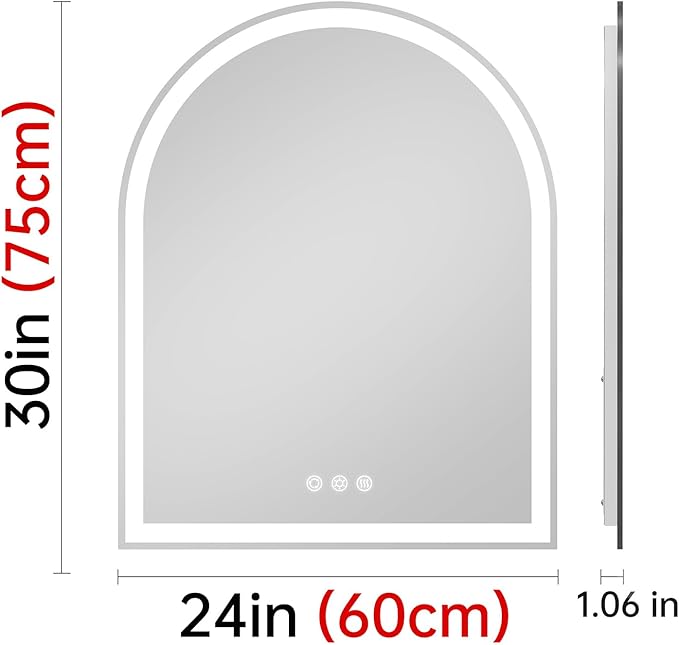 Arched LED Mirror for Bathroom 24"x30"- Frameless Lighted Bathroom Mirror with Lights, Fogless, Dimmable, 3 Color Changing, Shatterproof, Touch Sensor