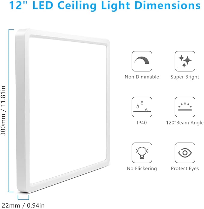 12Inch 24W Square LED Ceiling Light Fixtures Flush Mount, 2800K Warm White LED Ceiling Lamp, Surface Mount Modern Ceiling Lights, Slim Flat Panel Lighting for Bedroom, Kitchen, Bathroom Etc.