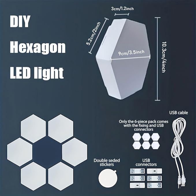 Hexagon Lights, Minimalist White Touch Night Light, Center Touch-Sensitive Wall Panels, Hex Light with USB-Power for Autism, Game Room Decor, Party (6)