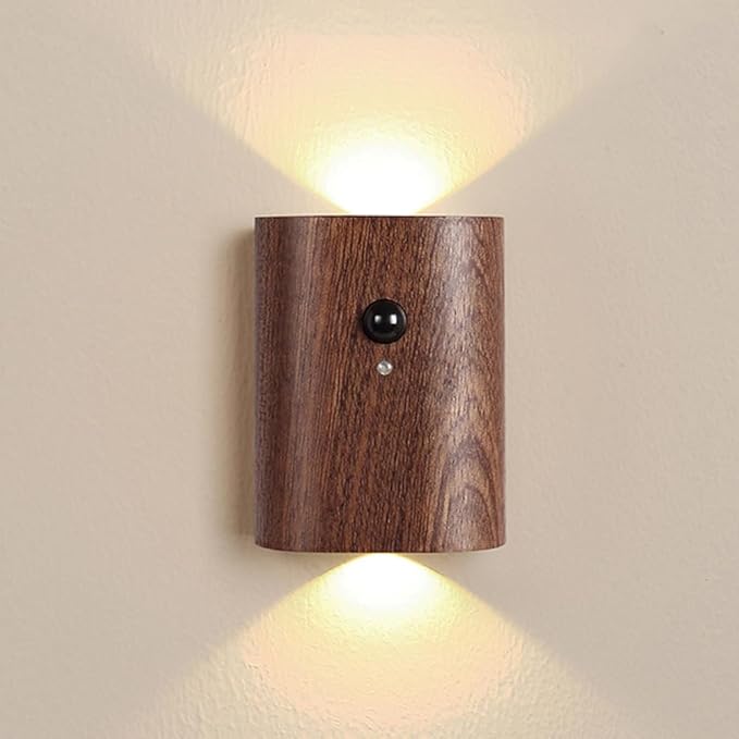 LANDGOO 1-Pack Wood Step Light with Motion Sensor, Rechargeable Stair Night Light, Sapele Wood 2700K Warm White LED Wall Lamp, Easy No-Wire Installation for Hallway Bedroom