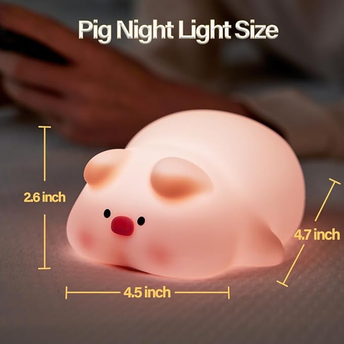 Cute Pig Night Light, 3 Level Dimmable Nursery Nightlight, Kawaii Lamps Squishy Silicone Rechargeable Touch Lamp, Best Gift for Kids Adults Room Decor