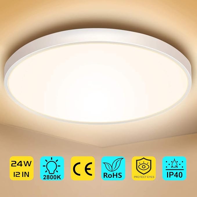 LightingWill 12 Inch LED Flush Mount Ceiling Light Fixture, 2800K Warm White, 3200LM, 24W, Flat Modern Round Lighting Fixture, 240W Equivalent White Ceiling Lamp for Kitchens, Bedrooms.etc.