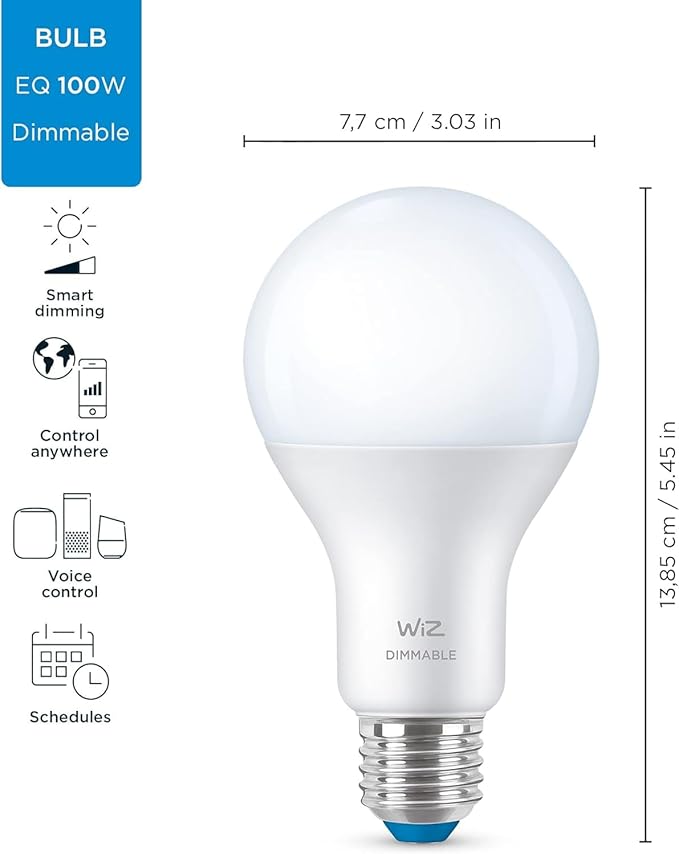 WiZ 100W Eq. (14.5W) A21 Daylight (5000K) LED Smart Bulb - Pack of 3-1600 Lumen- E26 - Indoor - Connects to Your Existing Wi-Fi - Control with Voice or App - Activate with Motion - Matter Compatible