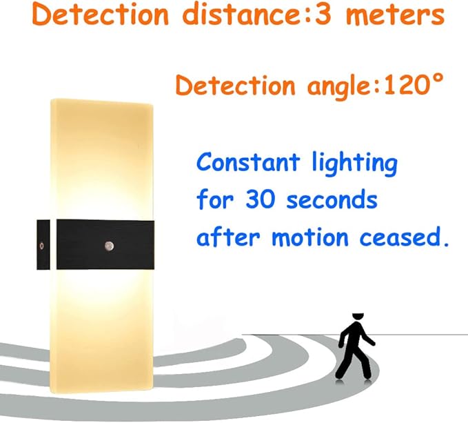 LED Motion Sensor Wall Lamp Security Light 12W SMD 2835 Acrylic Up/Down Wall Sconce Light Motion Activated Porch Lamp Fixture Modern Lighting for Stairway Patio Aisle Brushed Black 3000K
