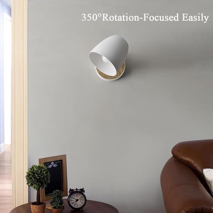 White Wall Lights for Bedroom,Modern Wood Wall Sconces Hardwired with 350°Rotation Metal Shade,E26 Wall Lamp with Switch for Living Room,Nightstand,Dining Room,Hallway,Corner,Stairway,Wall Decor