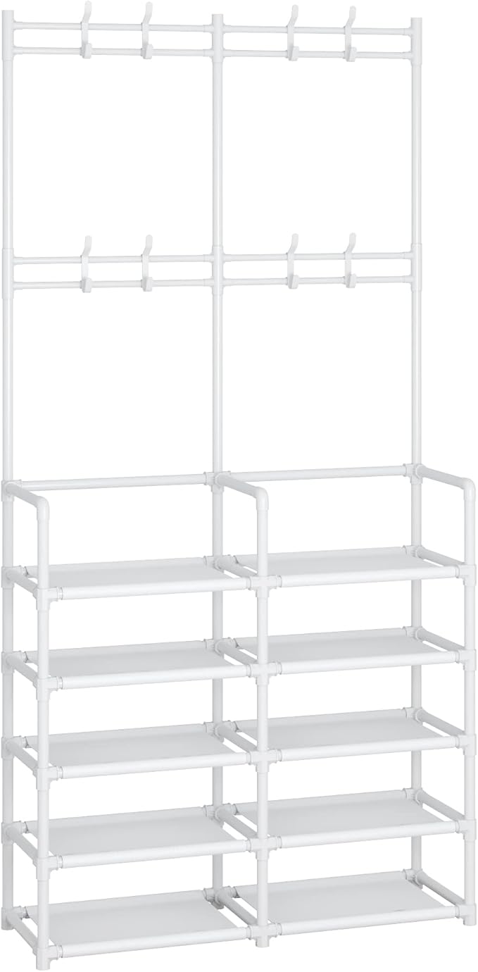 Laiensia 5-Tier Entryway Coat Rack, Coat and Shoe Rack, Entryway Bench Storage Organizer with 8 Hooks for Bedroom, Hallway, Office, White