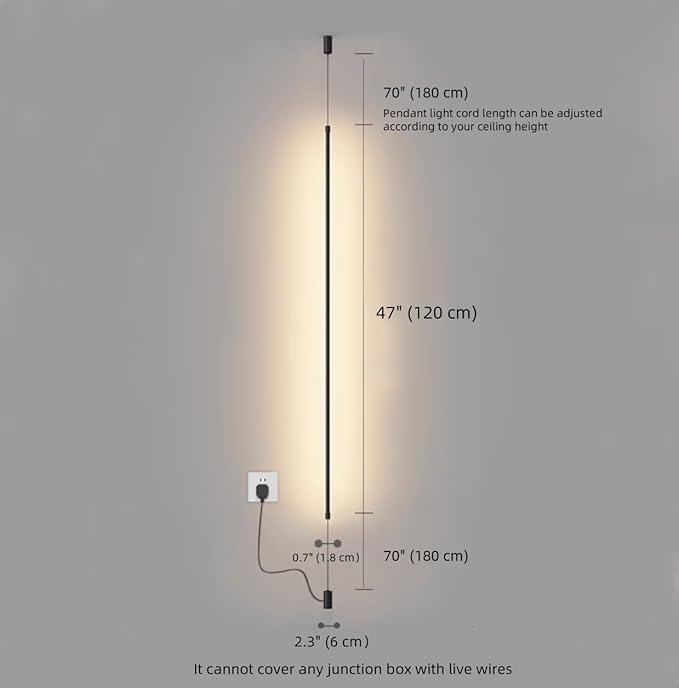 Modern Minimalist LED Pendant Light 47" Black Linear Pendant Floor to Ceiling Lamp Long Strip Hanging Lamp for Bedroom Bedside TV Background - Plug in